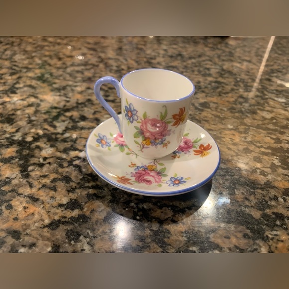 Miniature Shelley England Tea Cup and Saucer Rose Floral with Blue Trim - Picture 7 of 10